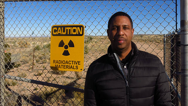 Dr Hakeem Oluseyi at the Trinity Site in New Mexico, where the first nuclear bomb was tested